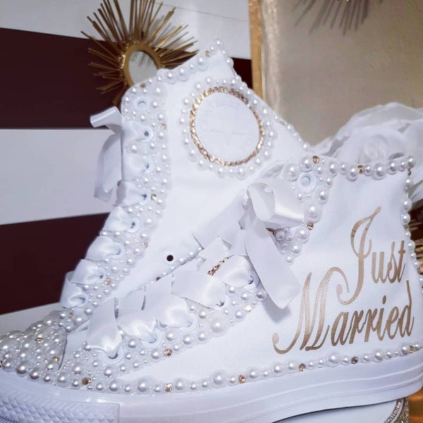 Just Married Pearl Converse Bedazzled by Crystal